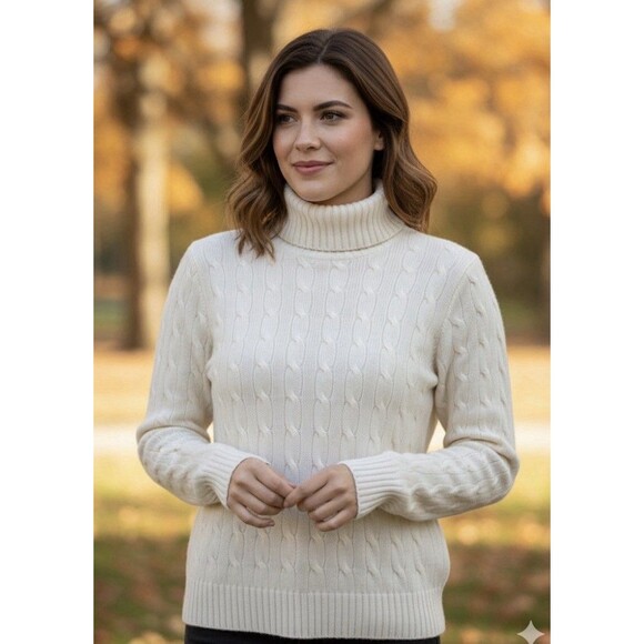 Ralph Lauren Black Label Women’s L Cashmere Ivory Turtleneck Cable Knit Sweater - Picture 2 of 16